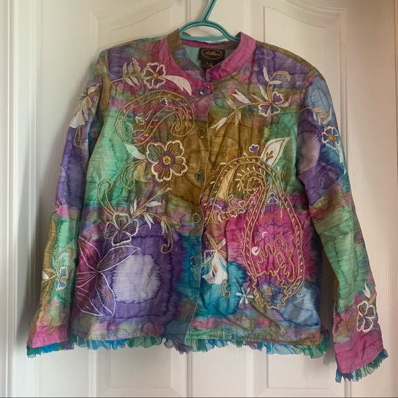 Work of art! Silky look Rainbow embellished Blazer sz large - Picture 1 of 6